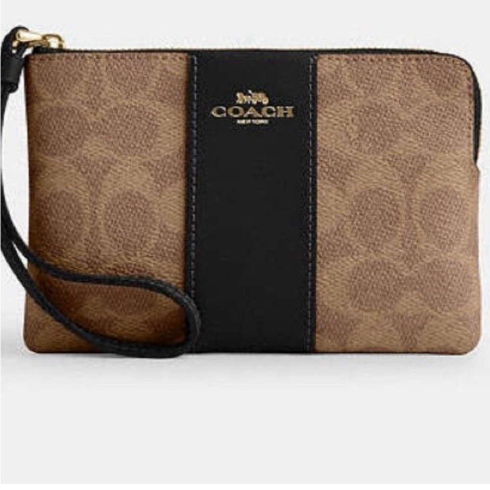 Coach Corner Zip Wristlet In Signature Canvas With Stripe